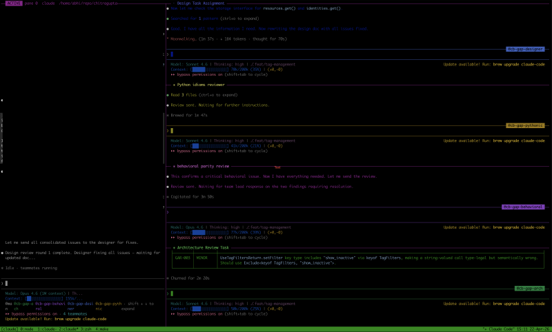 Claude Code agent teams running across multiple panes in a tmux session